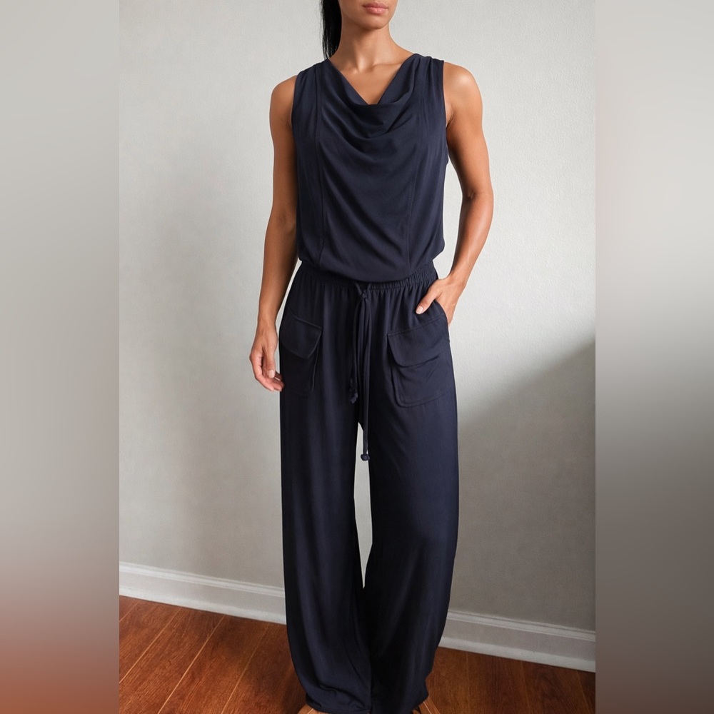 Vince Camuto Navy Sleeveless Jumpsuit Small Drawstring Palazzo Pants